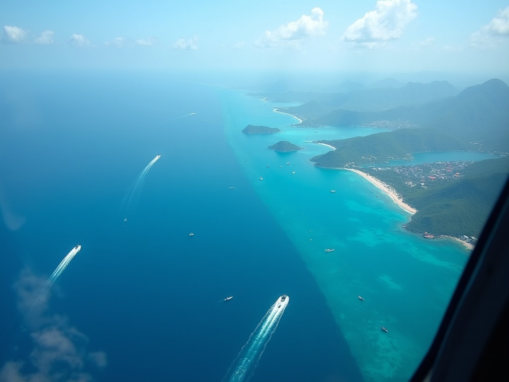 Aerial view of the sea channel toward Nusa Penida from helicopter altitude
