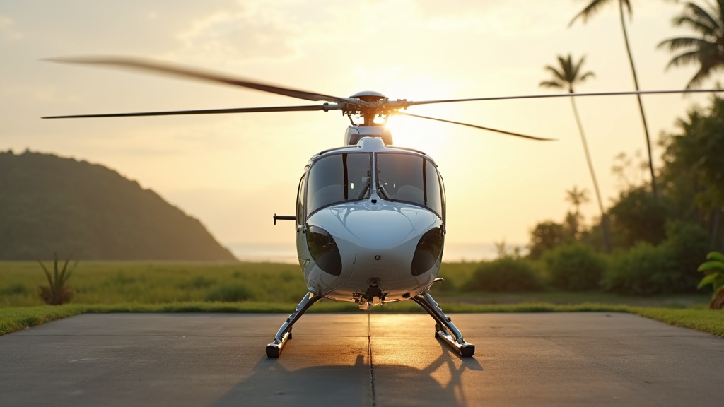 Private transfer helicopter waiting on a South Bali helipad at golden hour